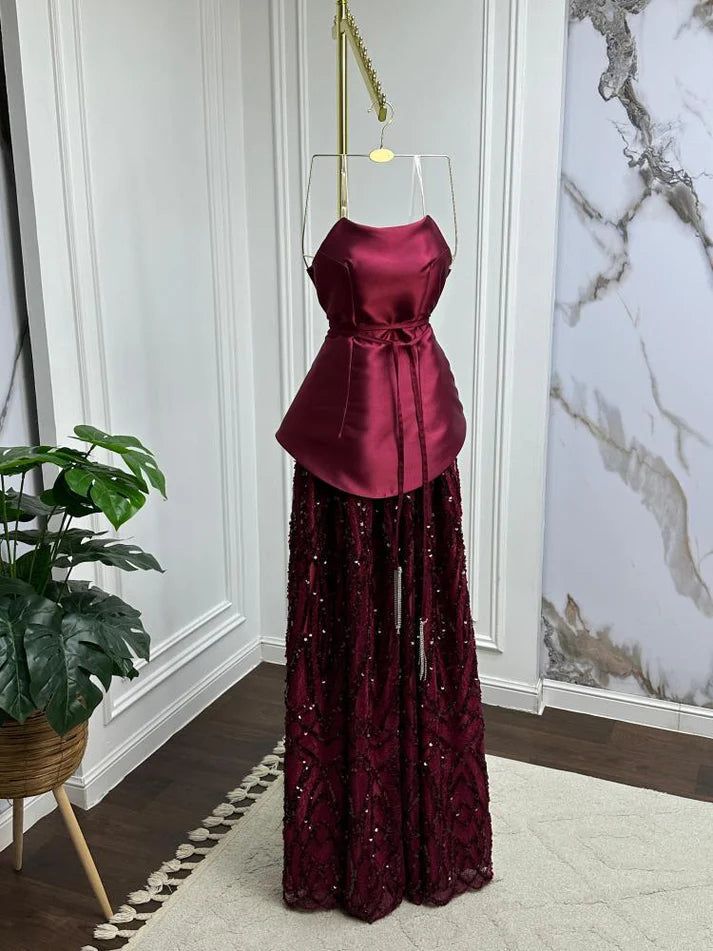Vintage Burgundy Strapless Satin Evening Gown Sequin Floor-Length Prom Dress DP7961