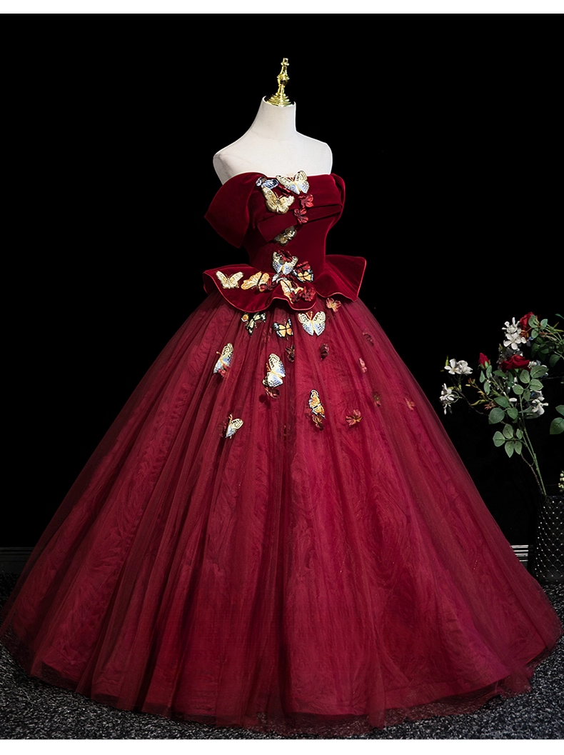 Vintage Burgundy 3D Butterflies Sweet 16 Quinceanera Off-the-shoulder Evening Dress Floor Length Ball Gown DP6909