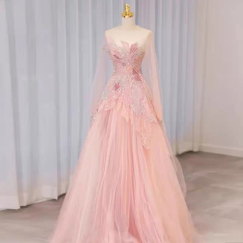 Pink Long Sleeves A-Line Elegant Long Formal Prom Dress Evening Gown, DP4225