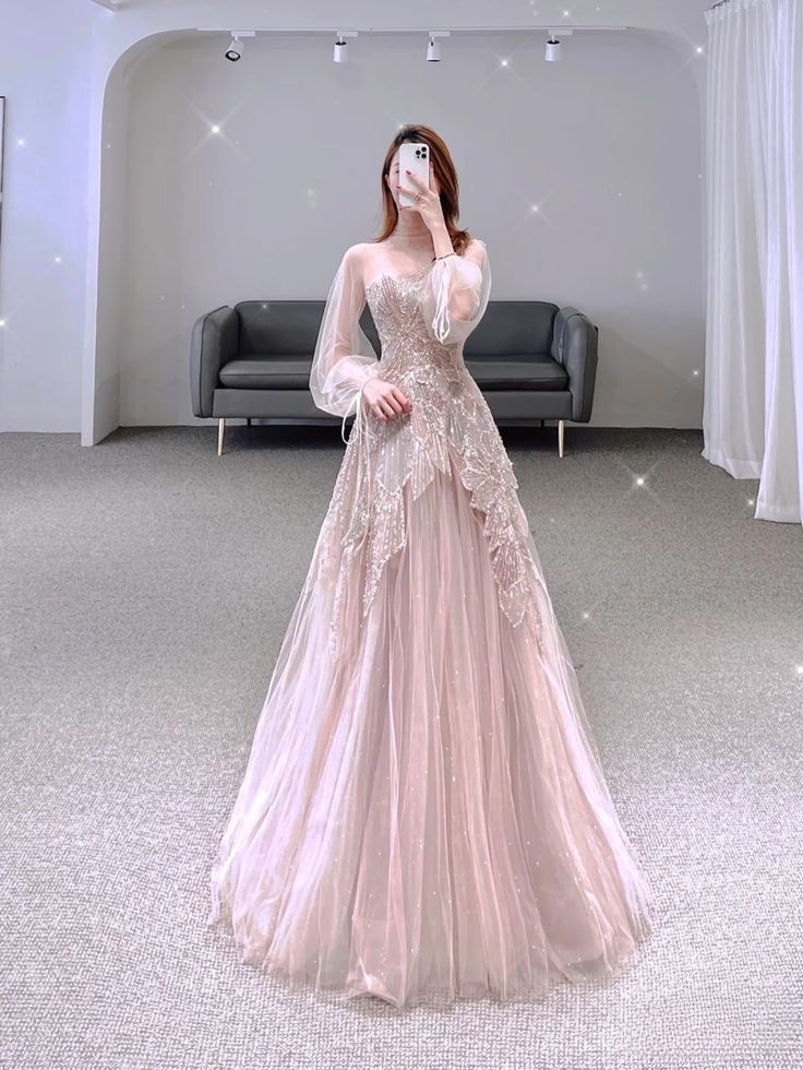 Pink Long Sleeves A-Line Elegant Long Formal Prom Dress Evening Gown, DP4225
