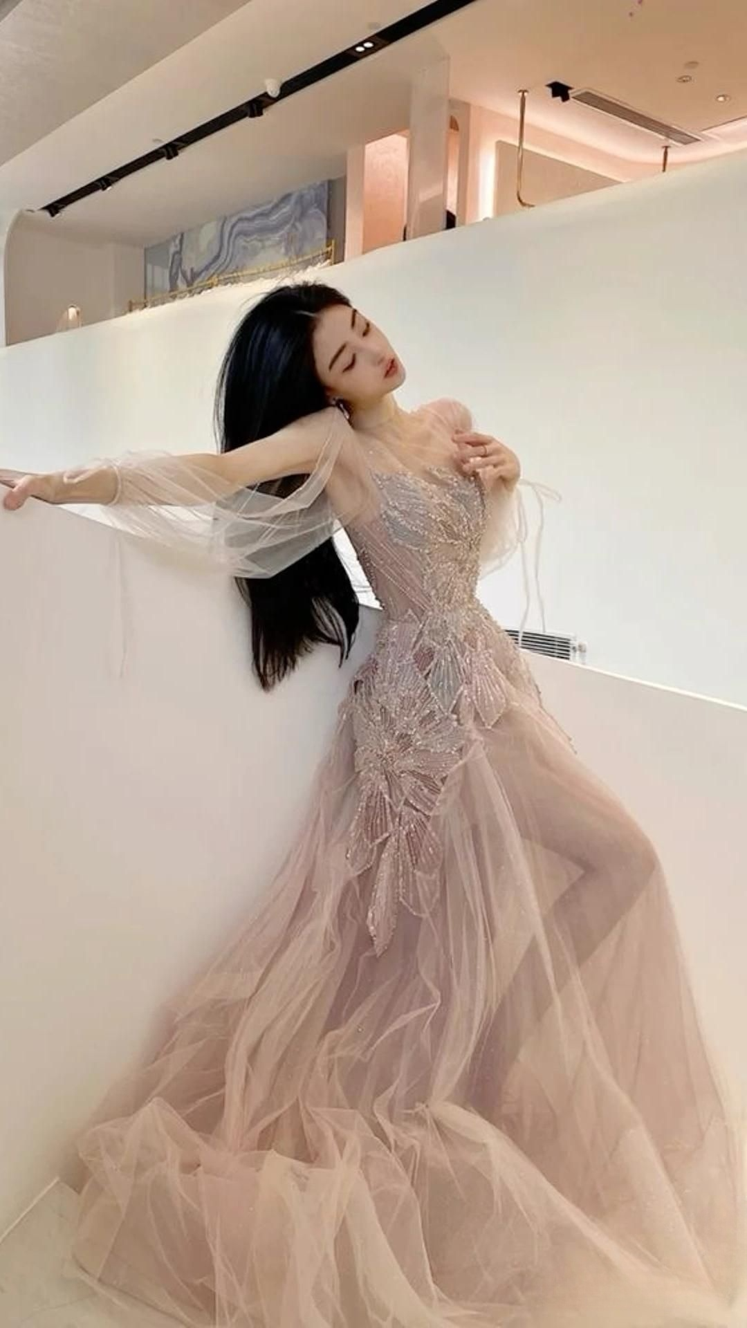 Pink Long Sleeves A-Line Elegant Long Formal Prom Dress Evening Gown, DP4225