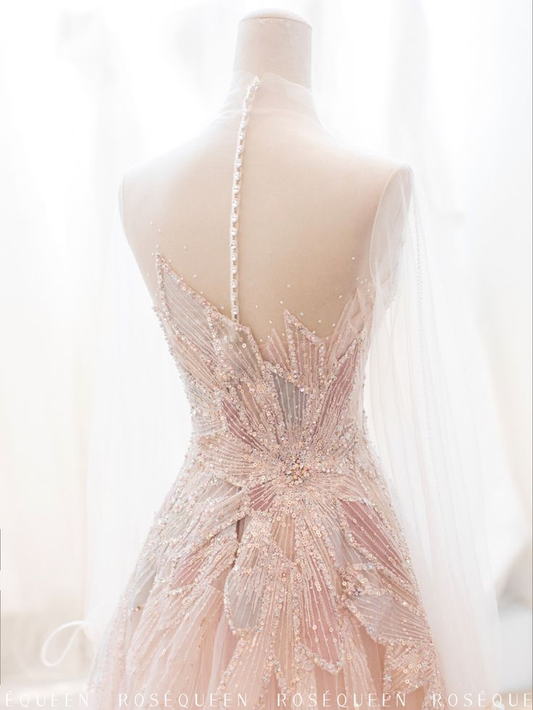 Pink Long Sleeves A-Line Elegant Long Formal Prom Dress Evening Gown, DP4225