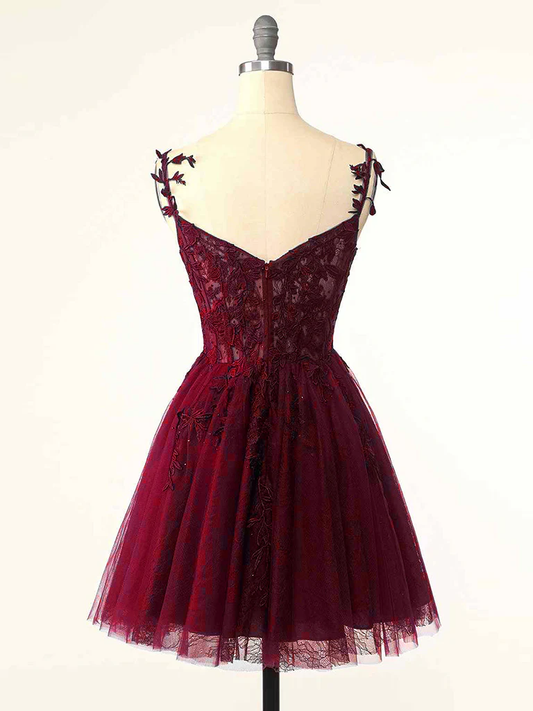 Vintage Burgundy Applique Sweetheart Spaghetti Strap Design A-line Tulle Party Dress Homecoming Dress DP6064