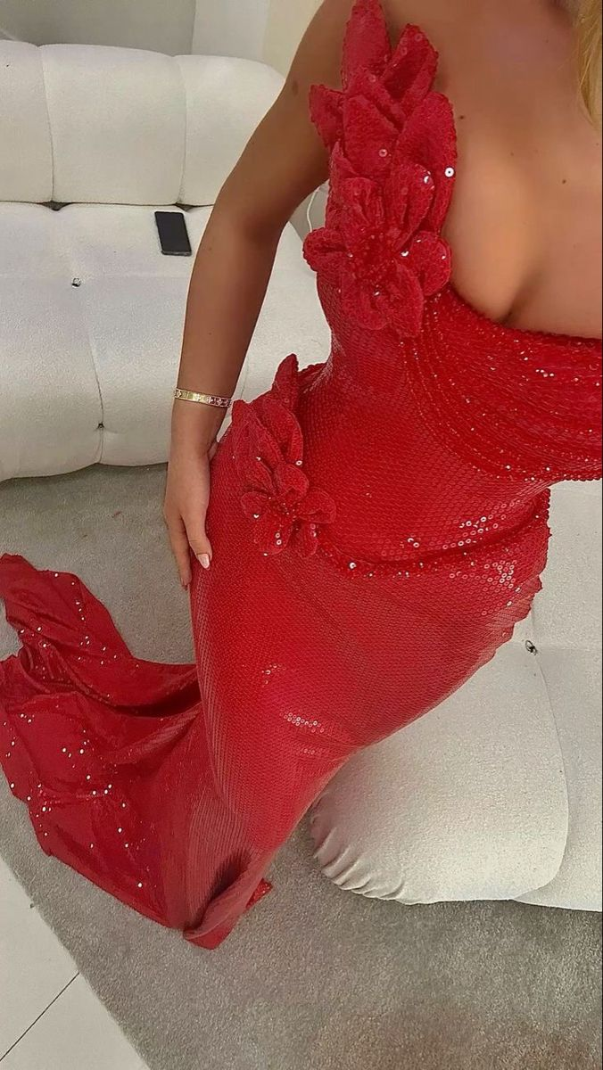 Sexy Red Strapless Mermaid Sequins Long Party Dresses Birthday Outfits, DP5673