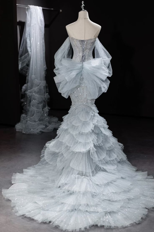 Wunderschönes trägerloses Meerjungfrau-Brautkleid mit Perlenbesatz im Tüll-Stil, Geburtstags-Outfits, DP5680