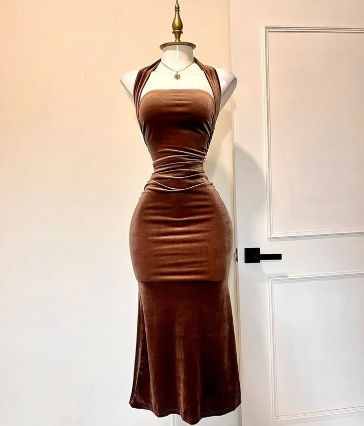 Brown Halter Neck Mermaid Velvet Long Formal Party Dresses, DP5685