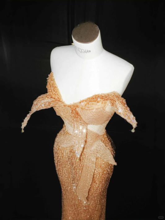 Gold Trägerloses Meerjungfrau Pailletten Perlen Langes Abendkleid Geburtstagsoutfits, DP5085