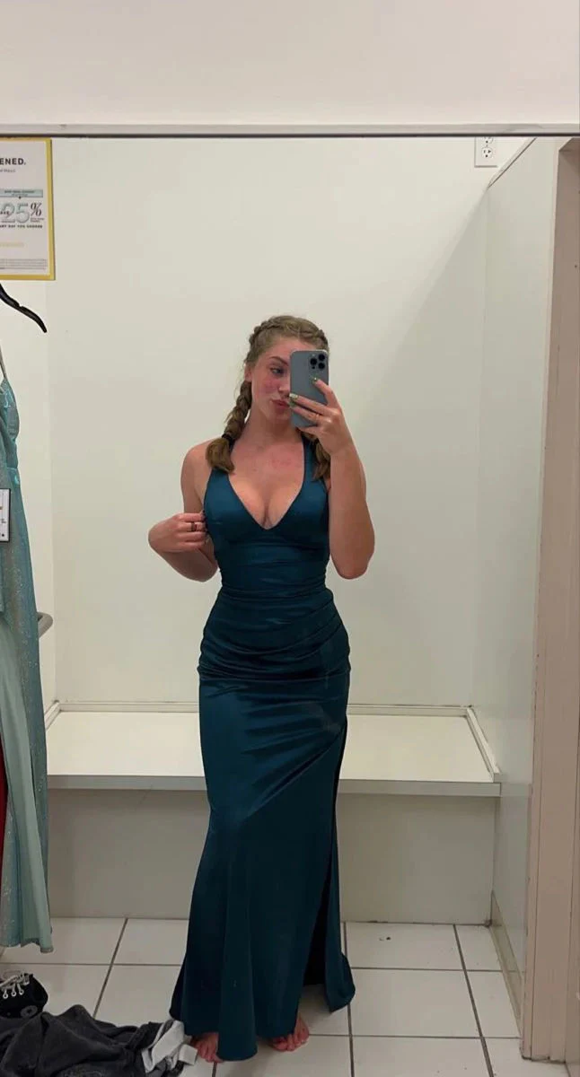 Robe de soirée longue en satin bleu marine à col en V et dos nu, DP4369