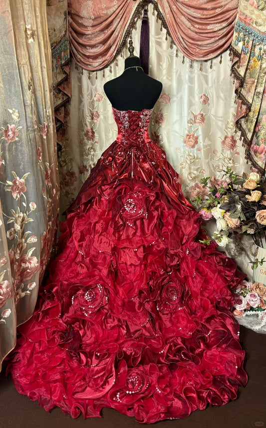 Vintage Burgundy Sweetheart Satin Strapless Beading Sweet 16 Quinceanera A-Line Evening Dress Ball Gown DP6278