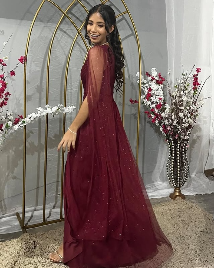 Robe de soirée longue en tulle rouge rouille, asymétrique, coupe trapèze, DP3316