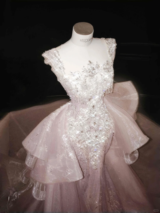 Wunderschönes langes Abendkleid im Meerjungfrauen-Stil mit Pailletten und Perlenbesatz in Rosa, DP5088