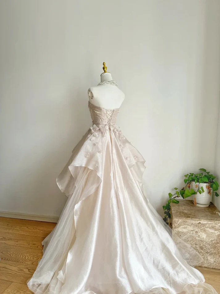 Pearl Pink Strapless A-Line Tulle Long Party Gown with Pearls,DP1621