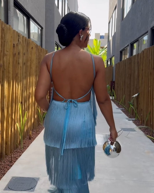 Sexy Blue Halter Sheath Tassel Long Party Dress New Arrival Evening Dress, DP4974