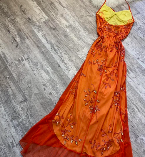 Orange Halter Beading Appliques Vintage Long Party Dress, DP2494