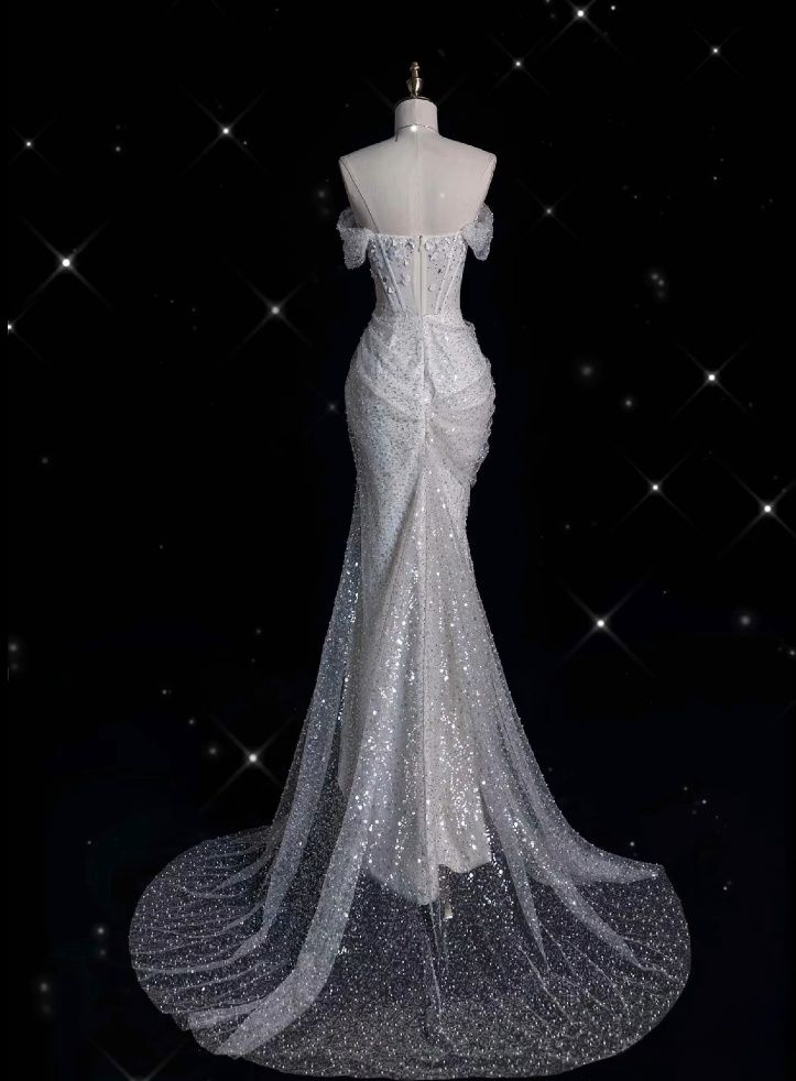 White Off Shoulder Sequins Mermaid Long Prom Dress Wedding Dress, DP3655