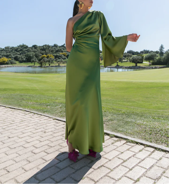 Robe de soirée longue verte asymétrique, DP850