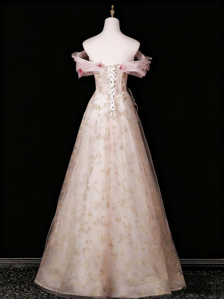 Vintage schulterfreies Abendkleid aus Tüll mit 3D-Blumen- und Goldstickerei, Ballkleid DP7573