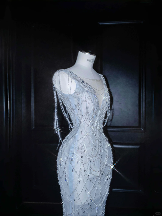 Light Blue Sleeveless Mermaid Beading Long Evening Dress Birthday Outfits, DP5090