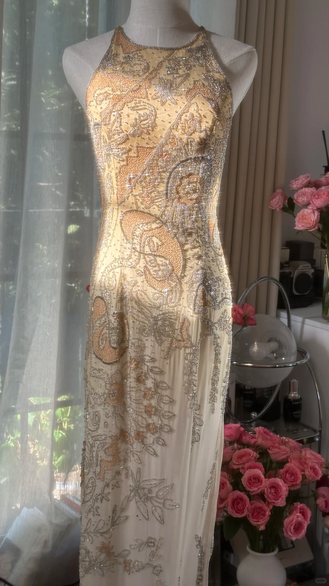 Retro Golden Sparkling Beaded Halter Dress Elegant Chiffon Evening Dress Prom Dresses DP5998