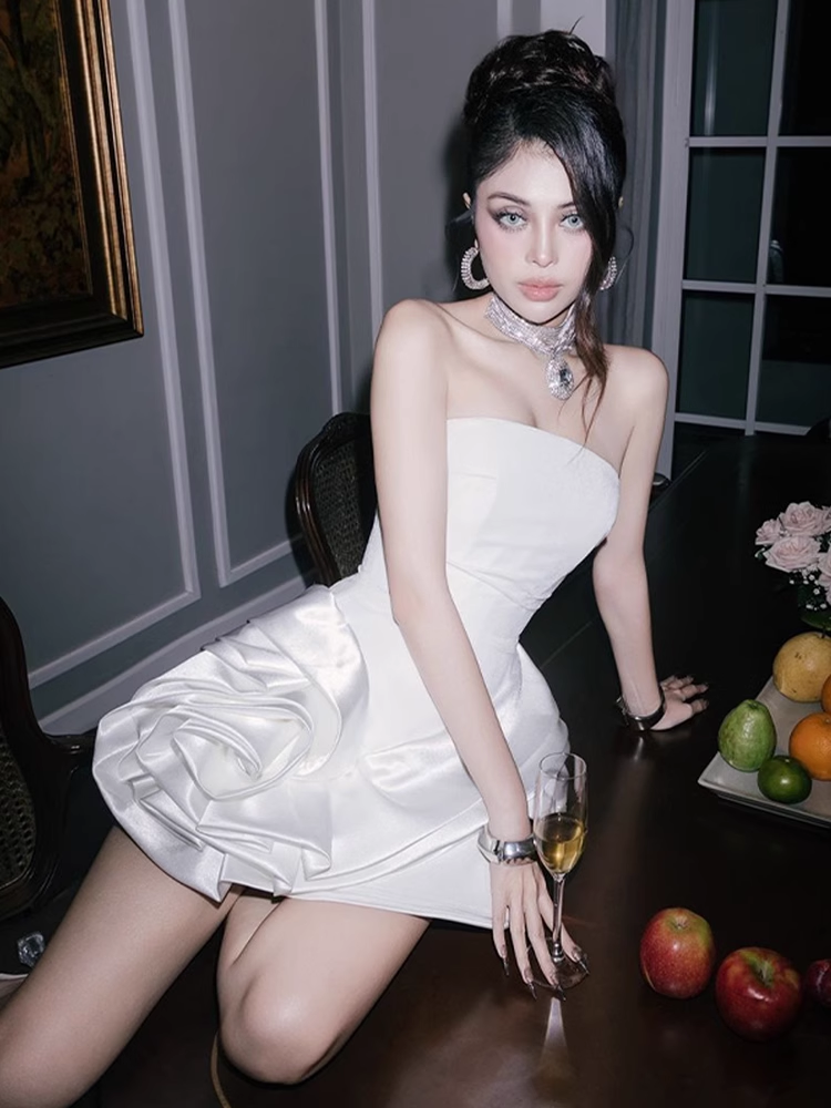 Elegant White Bodycon Ruffled Hem Design A-line Satin Strapless Party Dress Homecoming Dress, DP5842