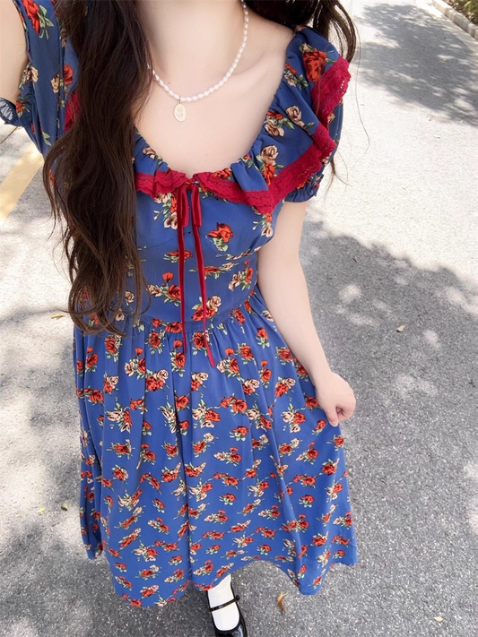 Vintage Navy Blue A-Line Prom Dress Floral Short-sleeve Evening Dress Long Formal Dress DP6705