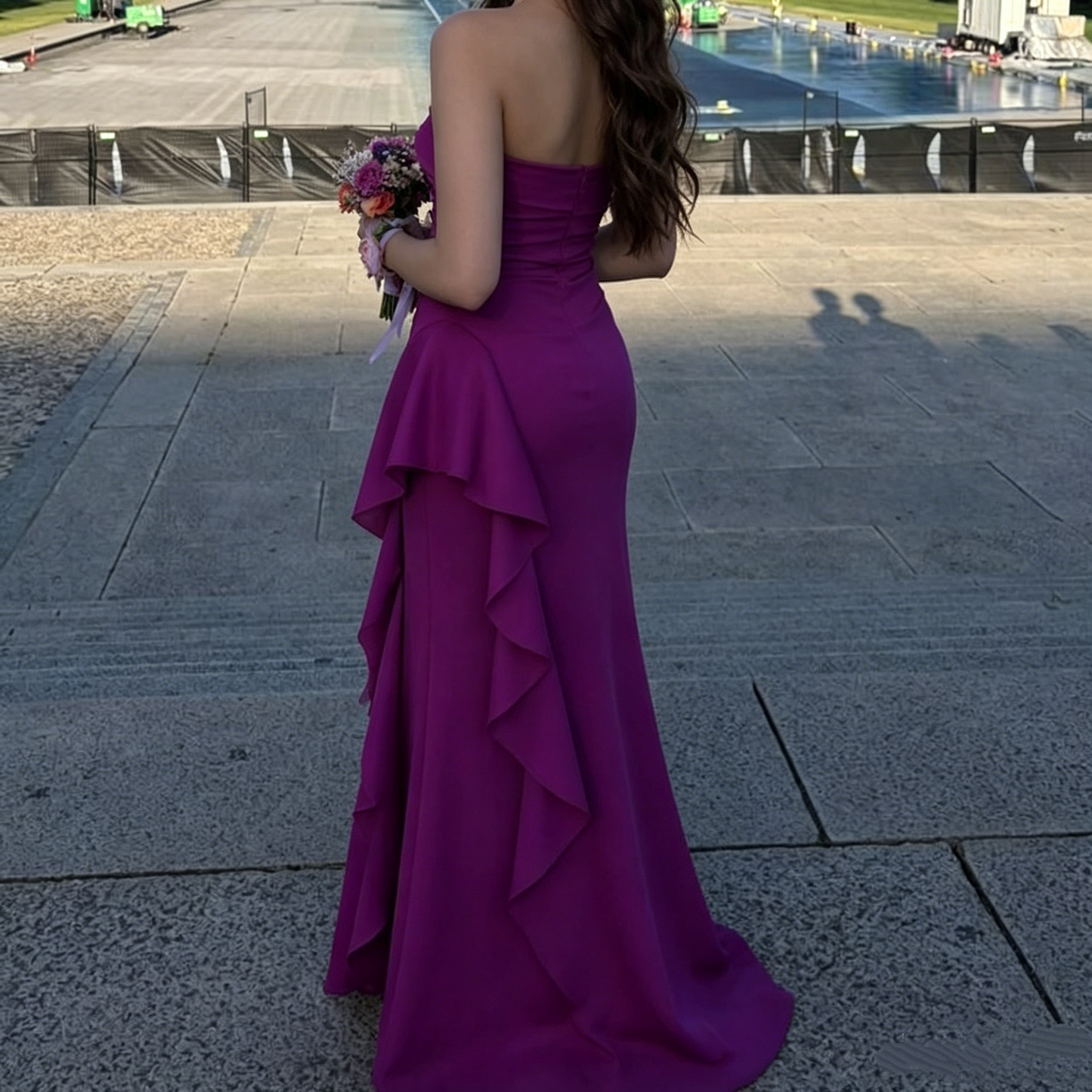 Elegant Magenta Strapless Sheath Ruffle Prom Dress DP8482