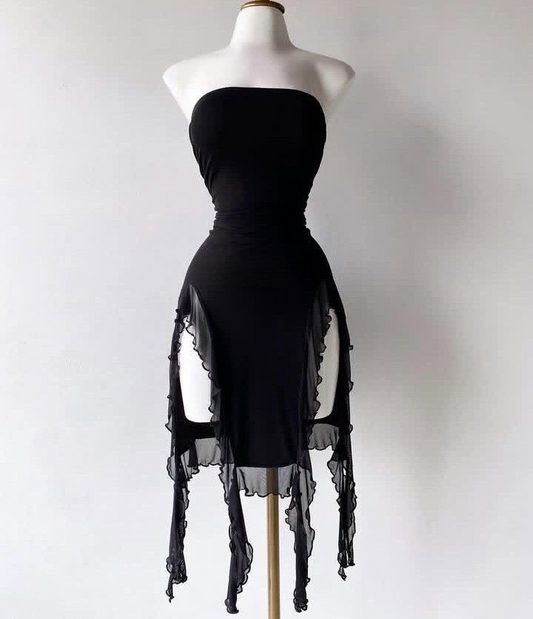 Charming Black Strapless Sheath Ruffles Birthday Outfits Cocktail Dress, DP3429