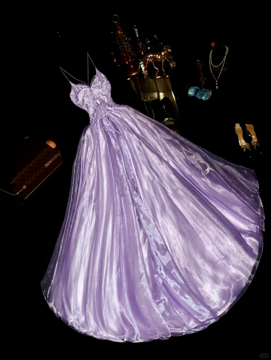 Vintage Lavender Satin Embroidery Spaghetti Straps A-Line Evening Gown DP7296