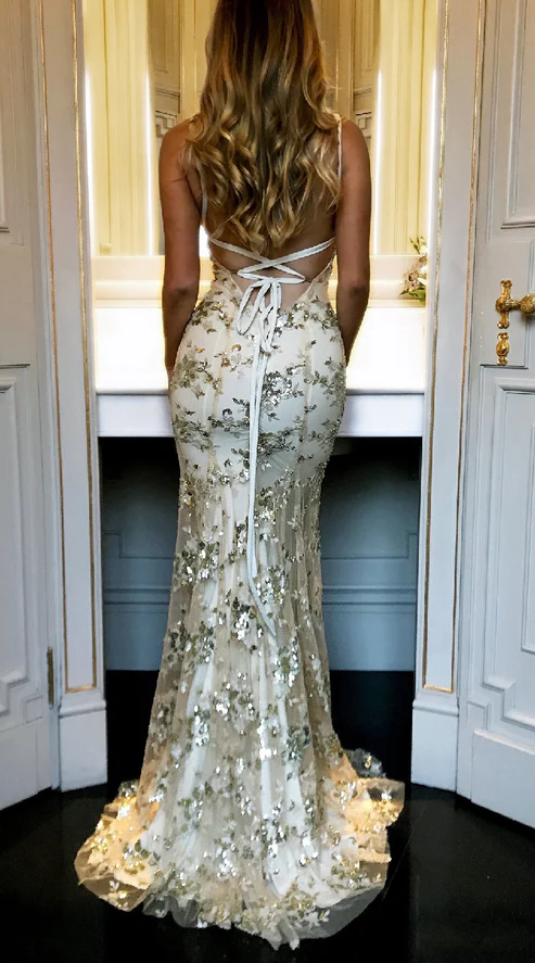 Robe de bal sirène à bretelles spaghetti, col en V, tulle, dos nu, avec appliques, DP403