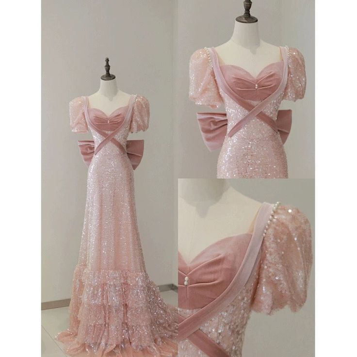 Vintage Pink Sequin Puff Sleeve A-Line Prom Dress Tiered Ruffle Hem Evening Gown DP8283