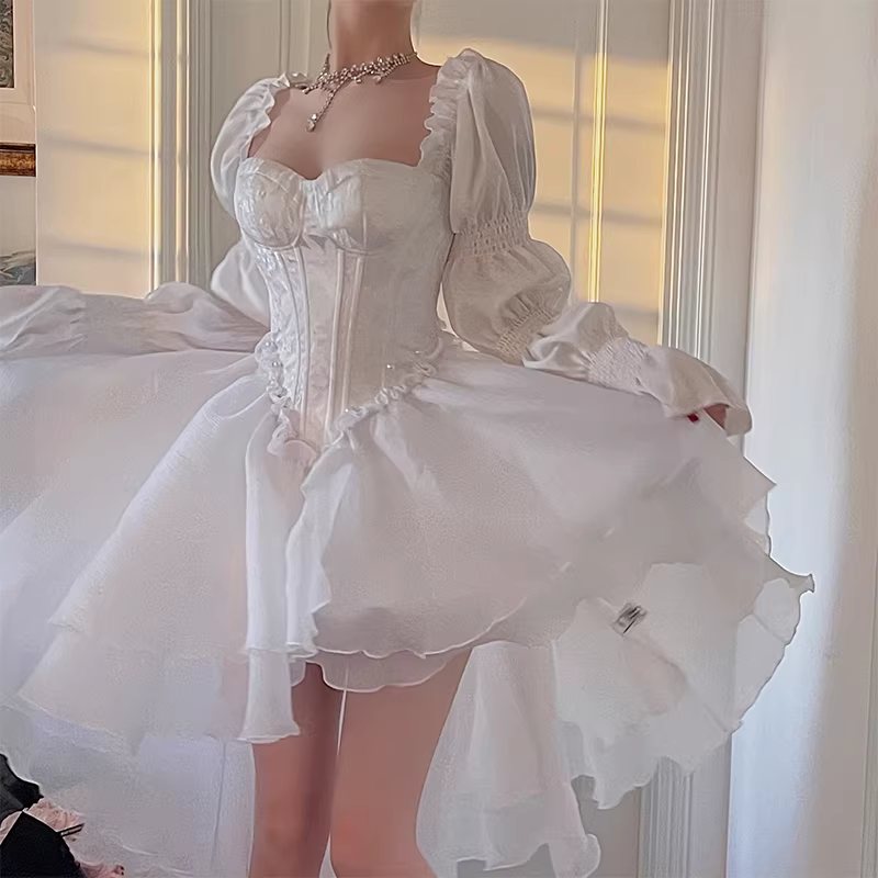 Elegant White Corset Ruffled Long Sleeves Tulle Wedding Dress DP7724