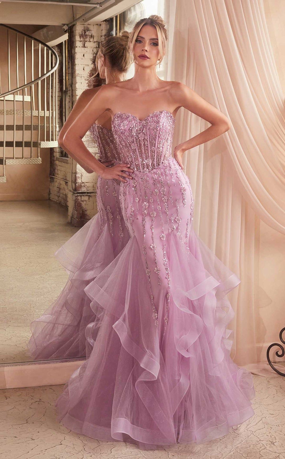 Elegant Dusty Pink Strapless Mermaid Ruffled Tulle Sequin Evening Gown Prom Dress DP8169