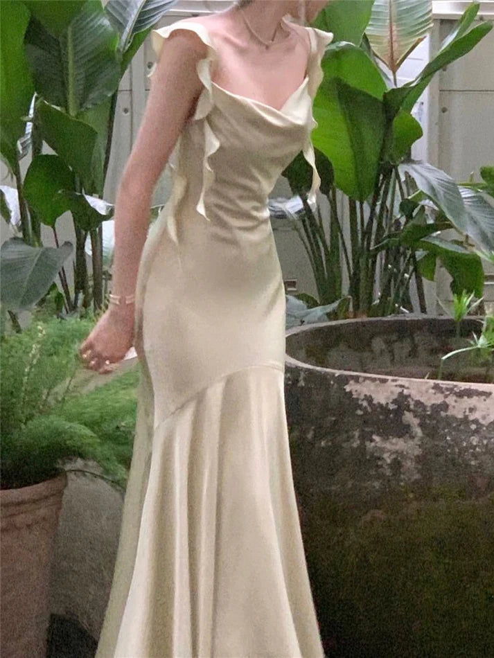 Vintage Salbeigrün Rüschen Meerjungfrau Satin Langes Ballkleid Partykleid Abendkleid DP6486