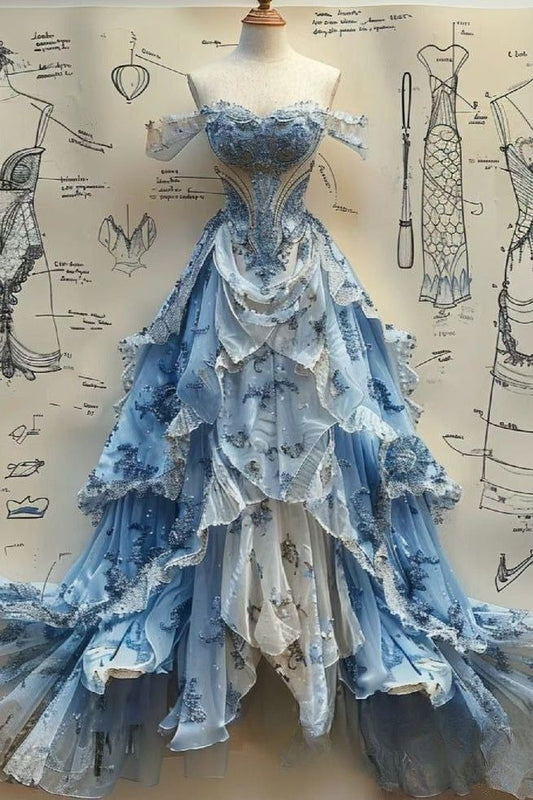Robe de bal de quinceañera glamour à épaules dénudées, ornée de dentelle bleue brodée, de volants superposés et de perles scintillantes DP7134