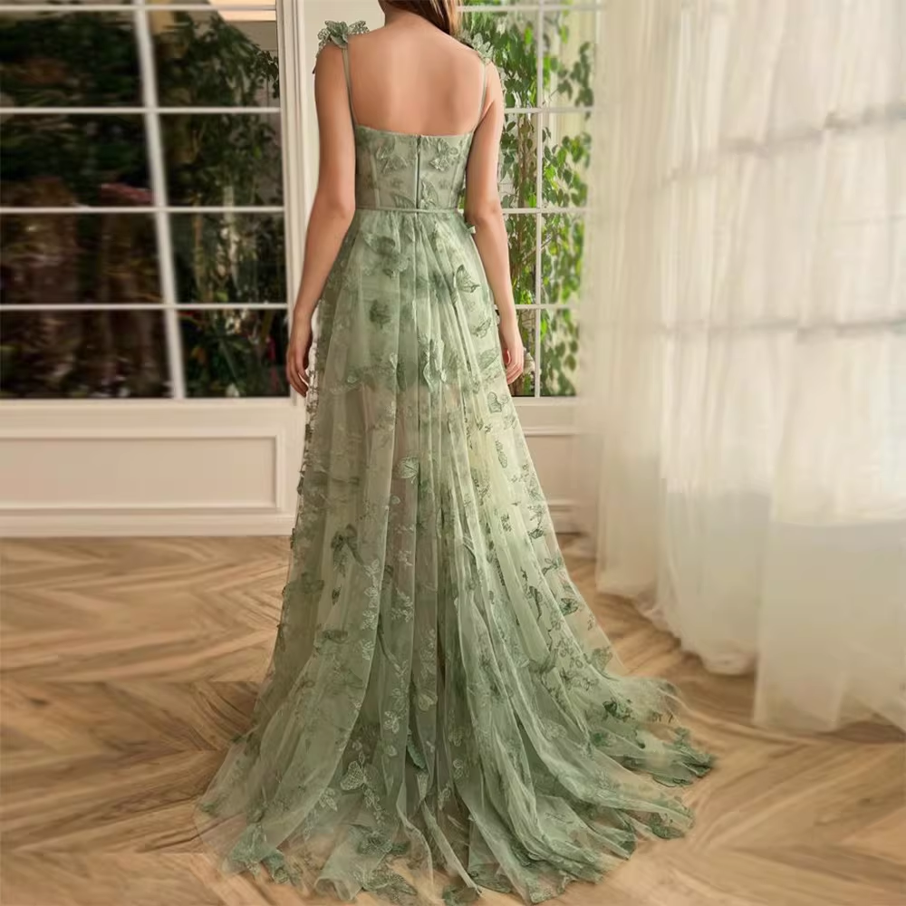 Elegant Sage Green 3D Floral Tulle Maxi High Slit Evening Dress DP8072