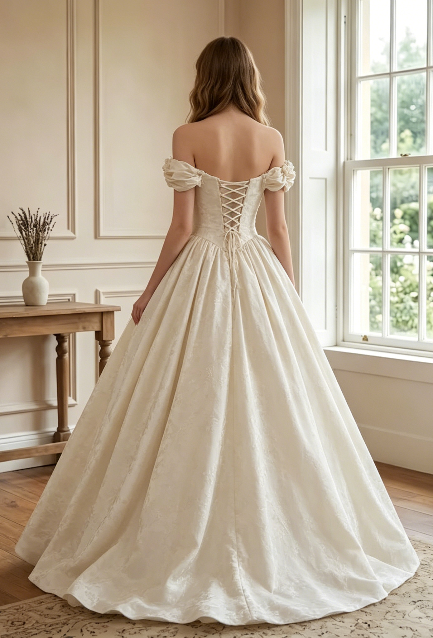 Vintage Ivory Off-the-Shoulder 3D Floral Satin Jacquard A-Line Wedding Dress DP8600