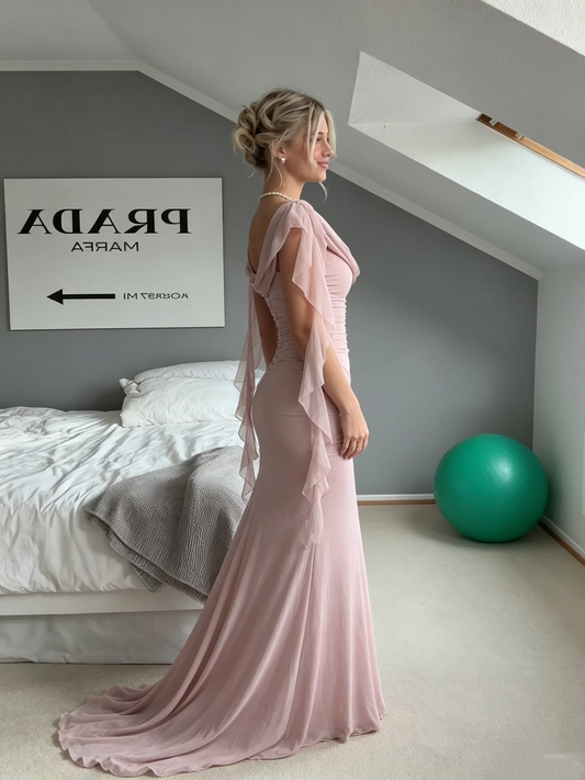Elegant Pink Off-the-Shoulder Chiffon Mermaid Floor-Length Prom Dress DP8485