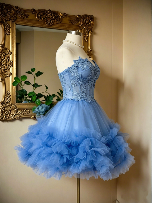 Vintage Light Blue Strapless Sweetheart Lace Tulle A-Line Homecoming Dress DP8547