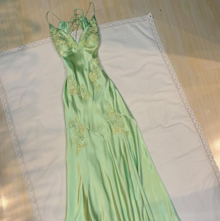 Vintage Sage Green V-neck Prom Dress Beaded Long Party Dress Spaghetti Strap Evening Dress DP1837
