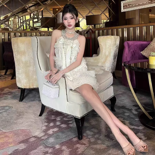 Vintage Beige Pearl Beading Halter Design A-line Party Dress Homecoming Dress DP5885