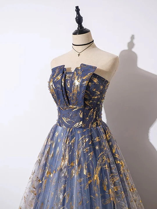 Retro Blue Sequin Strapless Design A-line Tulle Party Dress Homecoming Dress DP6062