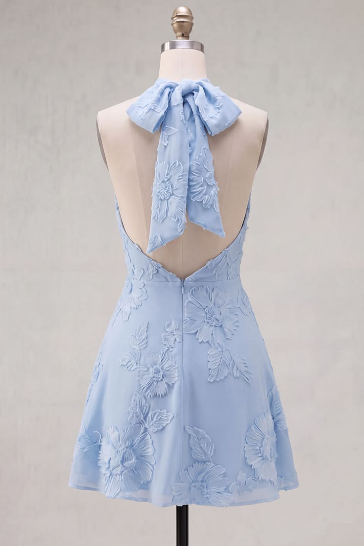 Elegant Light Blue 3D Floral Halter-Neck Ruched A-Line Homecoming Dress DP8736