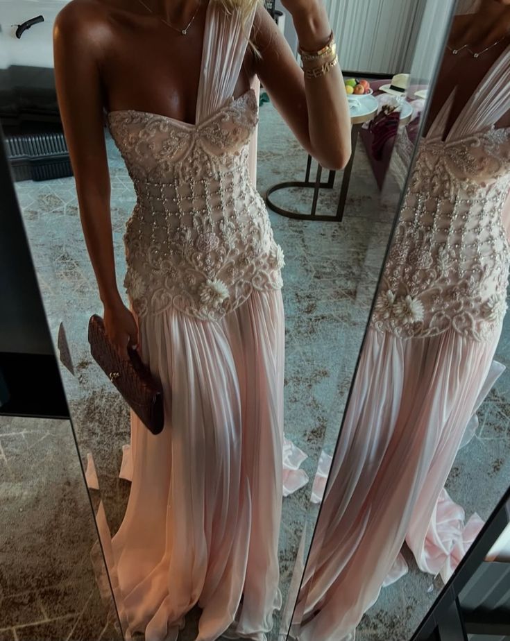 Unique Pink Applique Beaded Prom Dress Sheath Pleated Evening Gown One-shoulder Party Dress Floor-length Formal Dress DP6880