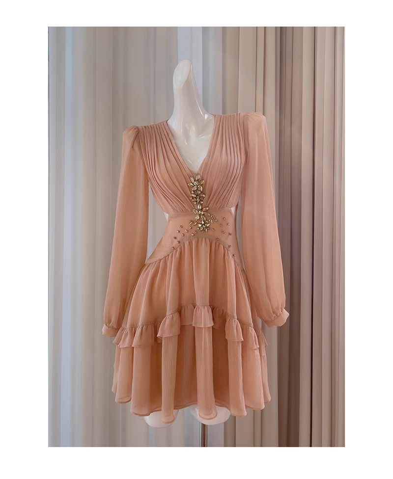 Retro Beading Design A-line Chiffon Long- sleeved V-neck Party Dresses DSProm Retro Beading Design A-line Chiffon Long- sleeved V-neck Party Dresses DSProm
