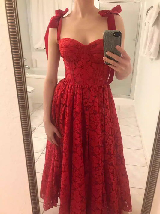 Glamorous Red Lace Tie Shoulder Sweetheart A-Line Midi Prom Dress Formal Evening Gown DP8209