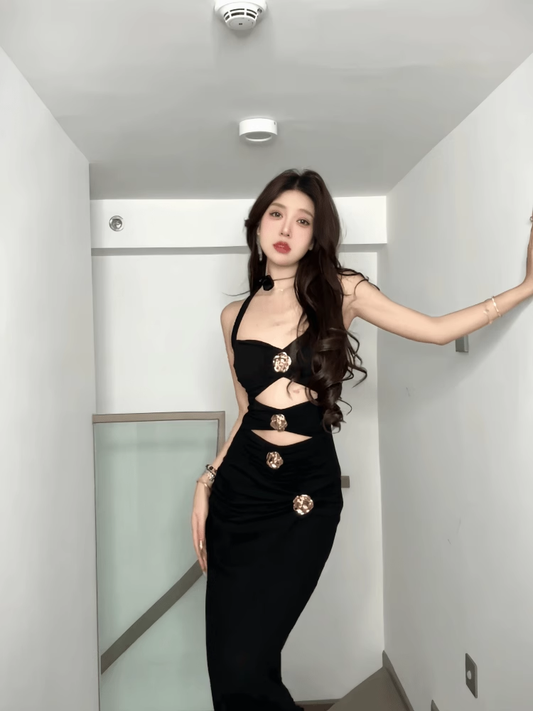 Elegant Black Halter-neck Rose Metal Button Prom Dress Sheath Evening Gown Party Dress Trailing Long Formal Dress DP6807