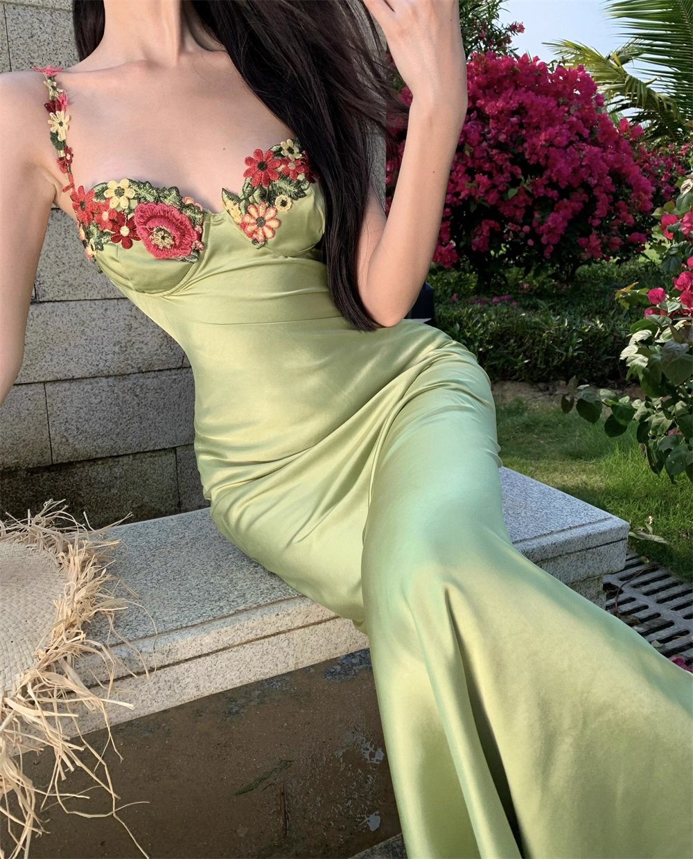 Vintage Green Floral Mermaid Spaghetti Strap Design Satin Prom Dress Evening Dress DP6235
