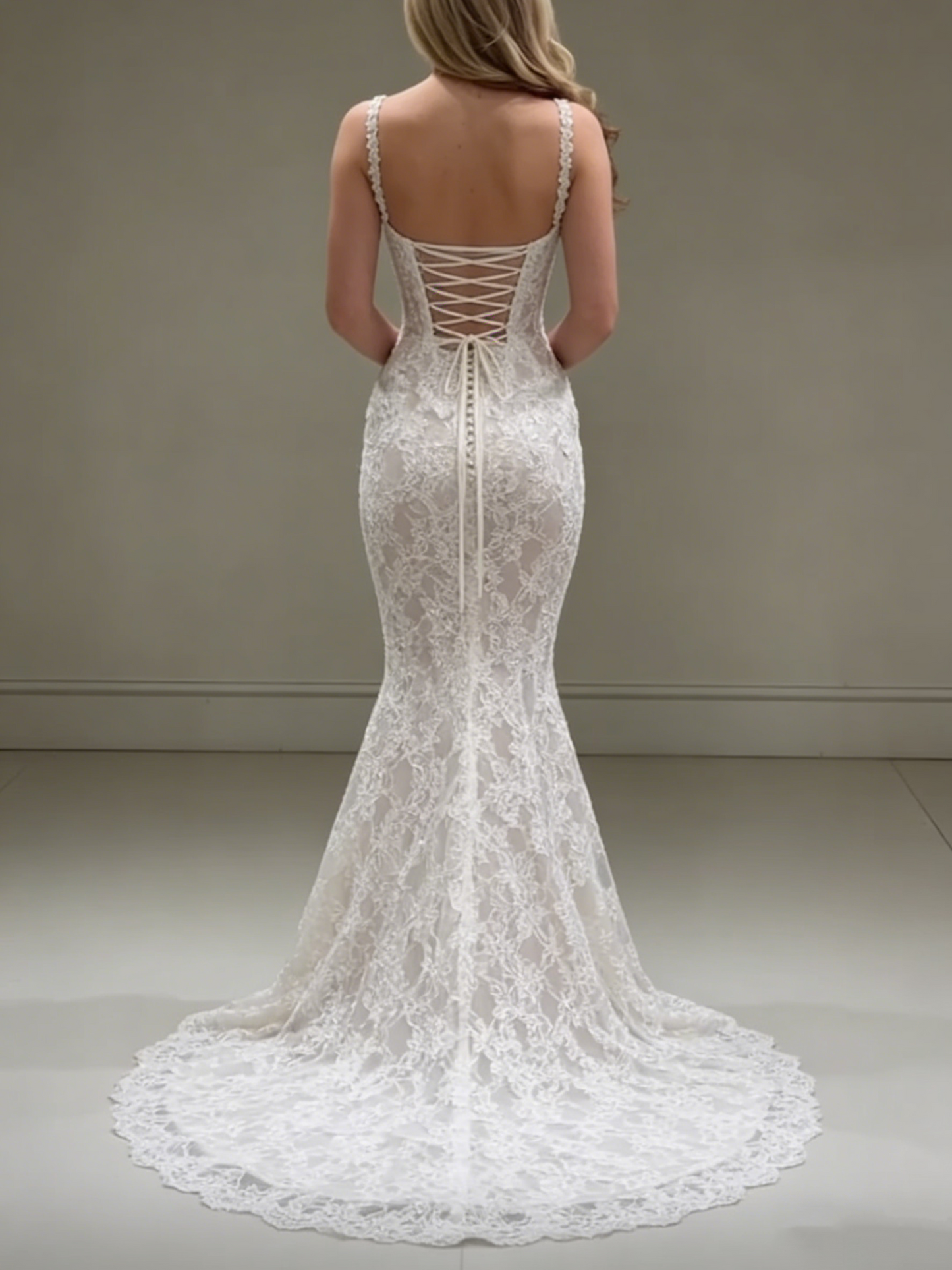 Elegant Floral Lace Bridal Gown Spaghetti Straps Mermaid Wedding Dress DP3773