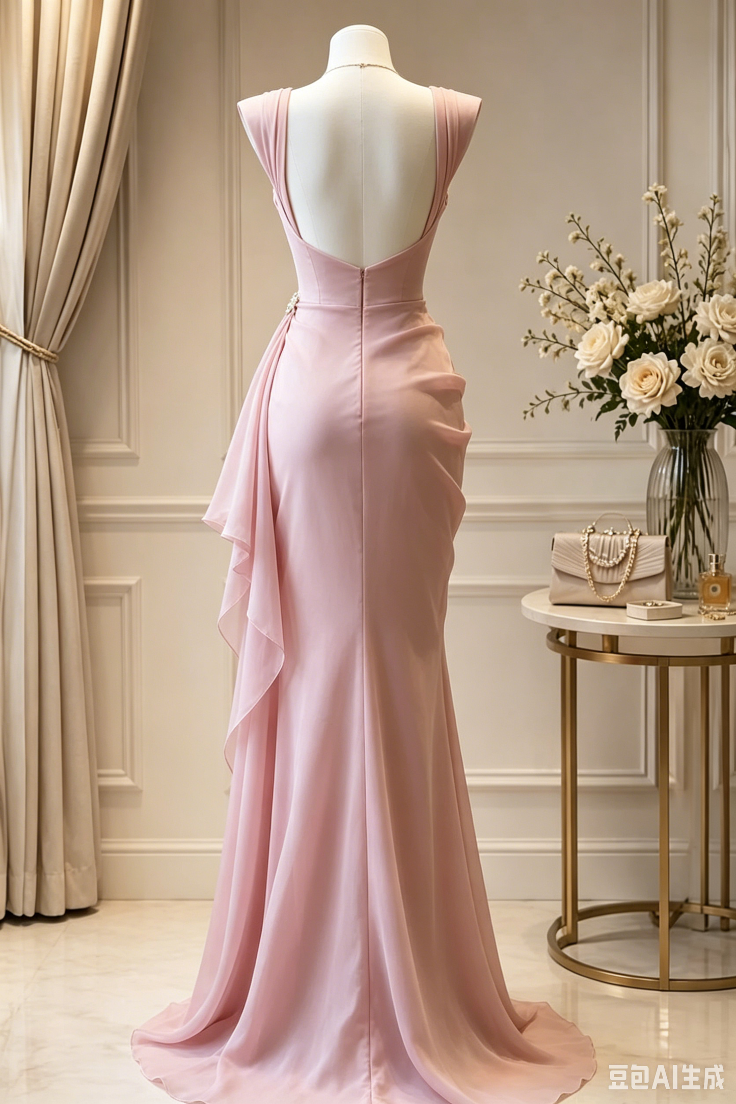 Elegant Pink Draped Chiffon Evening Gown Mermaid Beaded Prom Dress DP8484