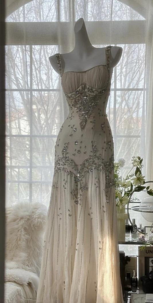 Elegant Champagne Beaded Mermaid Spaghetti Strap Evening Gown DP8157